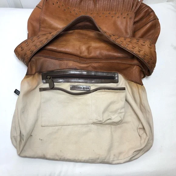 Gianni Bini Brown Leather Vintage Studded Hobo Magnetic Closure Fringe Bag Purse - Picture 12 of 16
